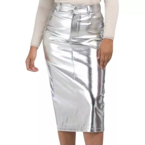 7 For All Mankind Silver Vegan Leather Midi Skirt New Tags Metallic Large 12 14 - Picture 1 of 5